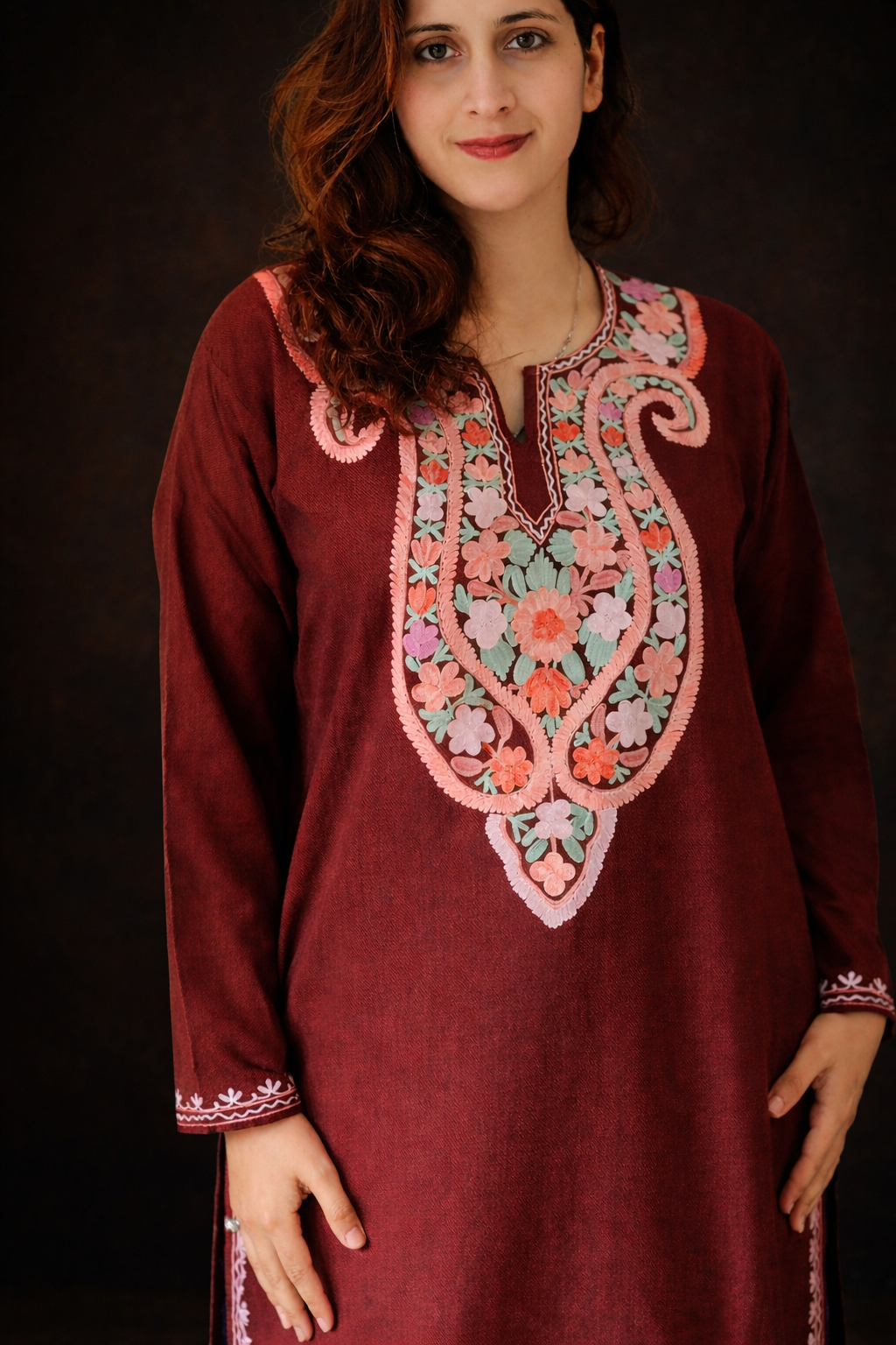 Brown Winter Long Kurti with Aari Embroidery