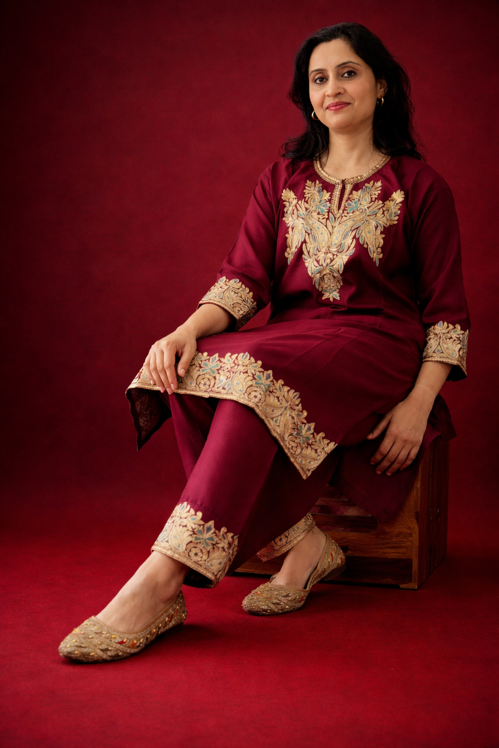 Wine Tilla Embroidered Cashmilon Cord Set