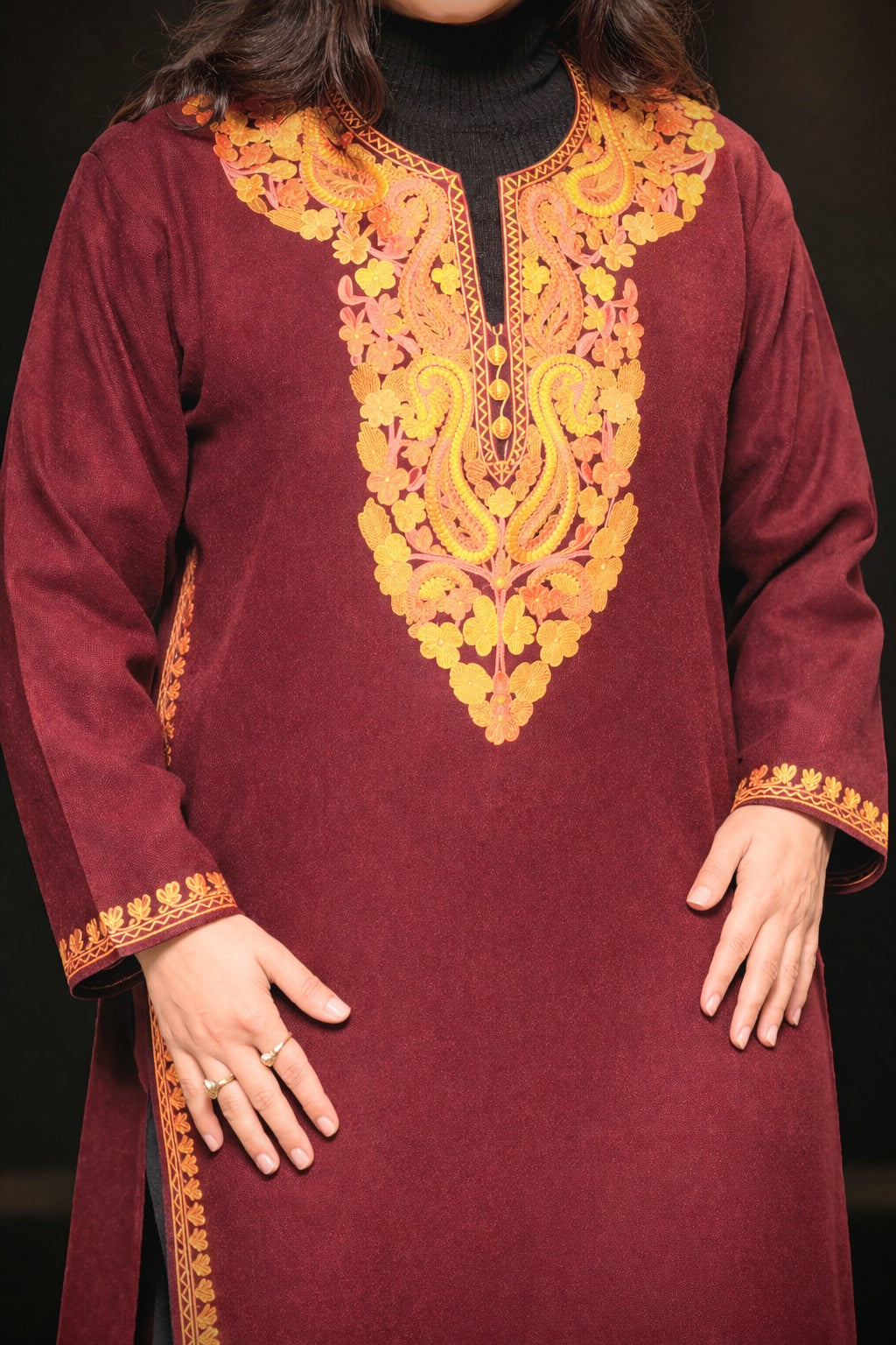 Wine Winter Long Kurti with Aari Embroidery