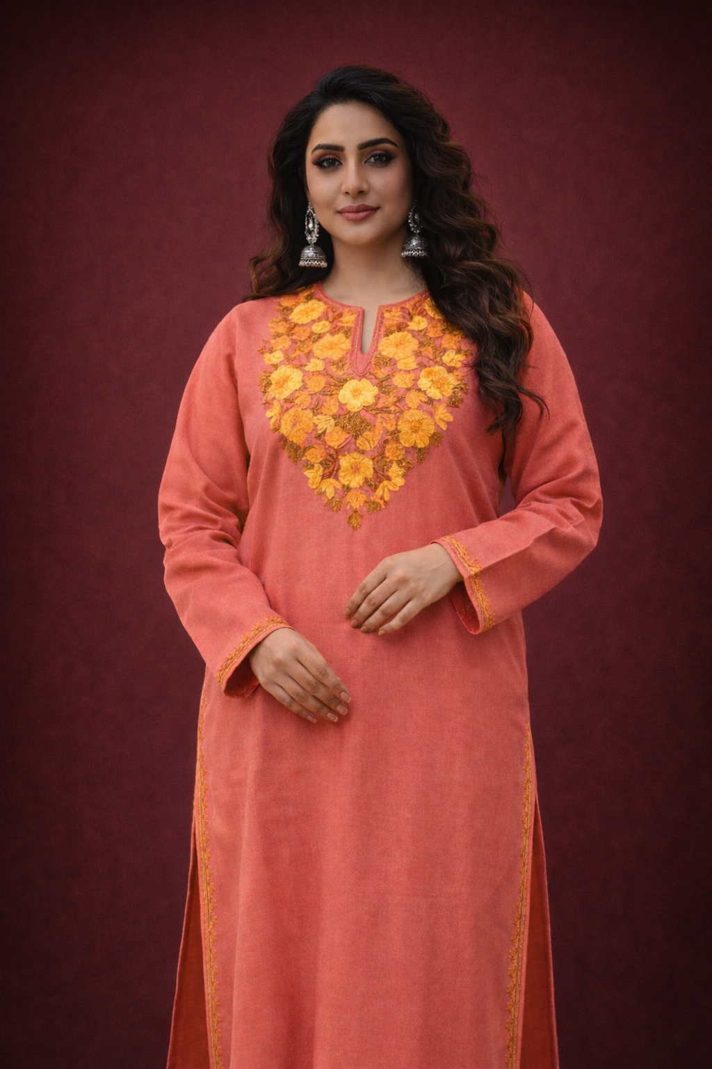 Gulnaar Pink Aari Winter Long Kurta