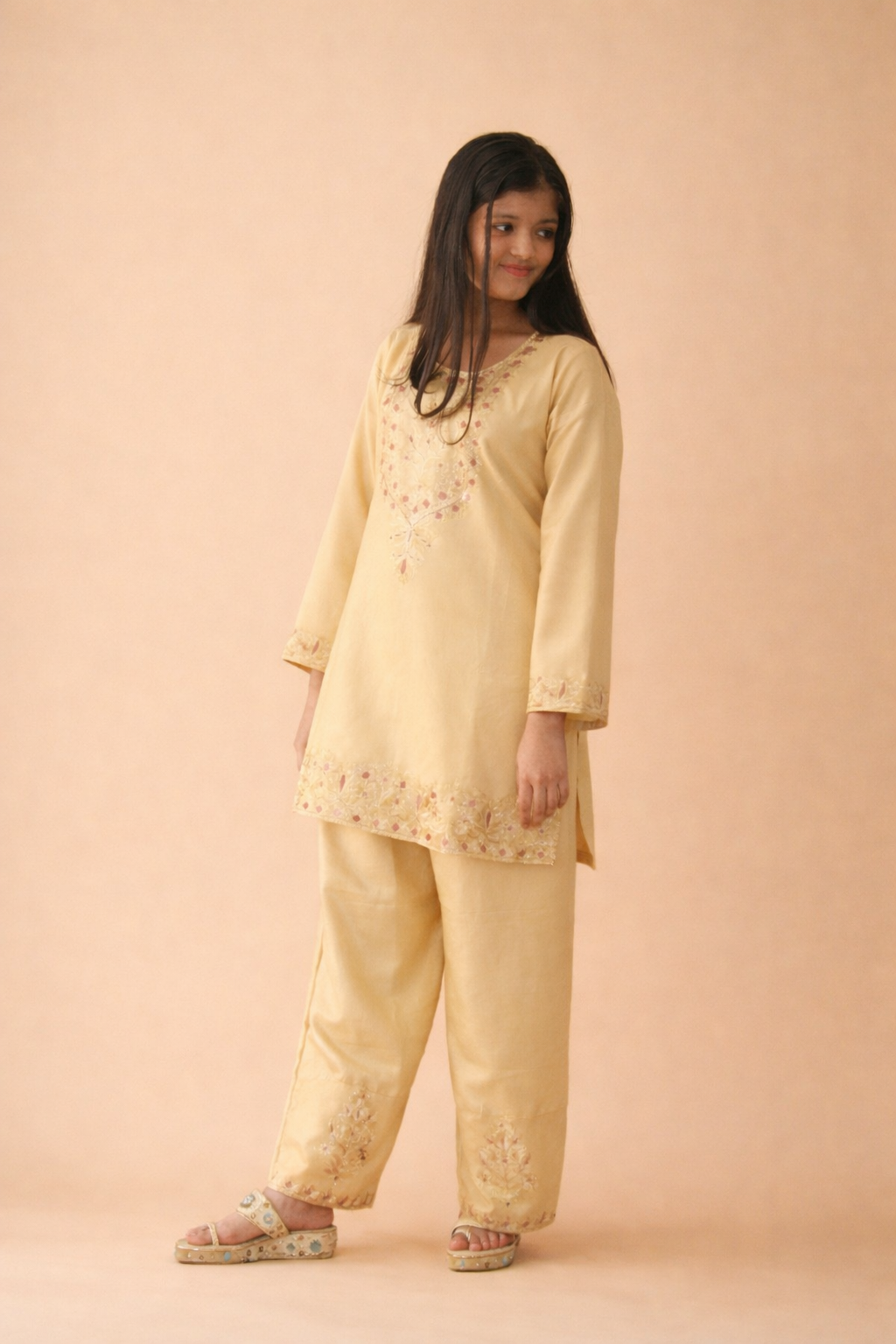 Beige Cashmilon Embroidered Winter Cord Set