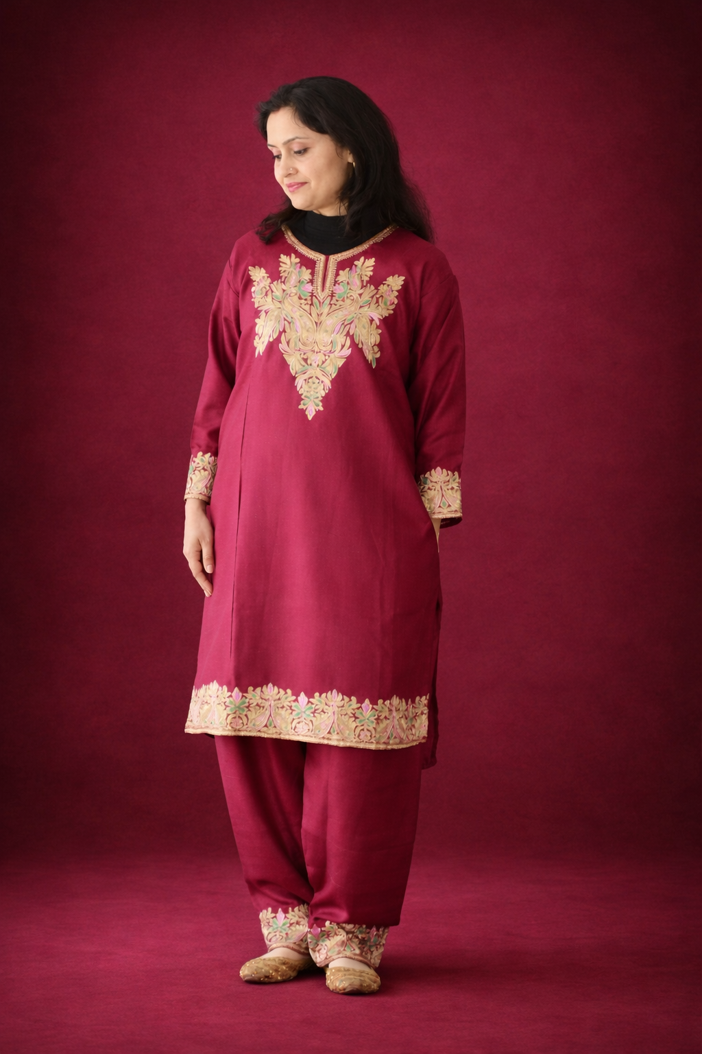 Crimson Red Tilla Embroidered Cashmilon Cord Set