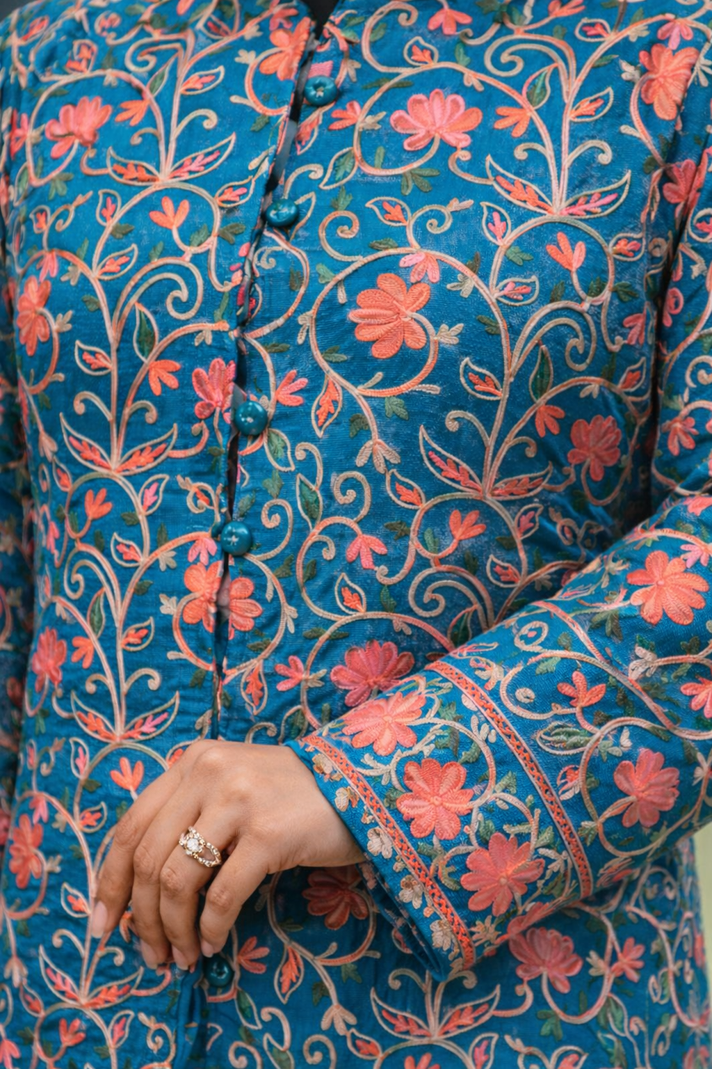 Teal Heritage Aari Long Jacket