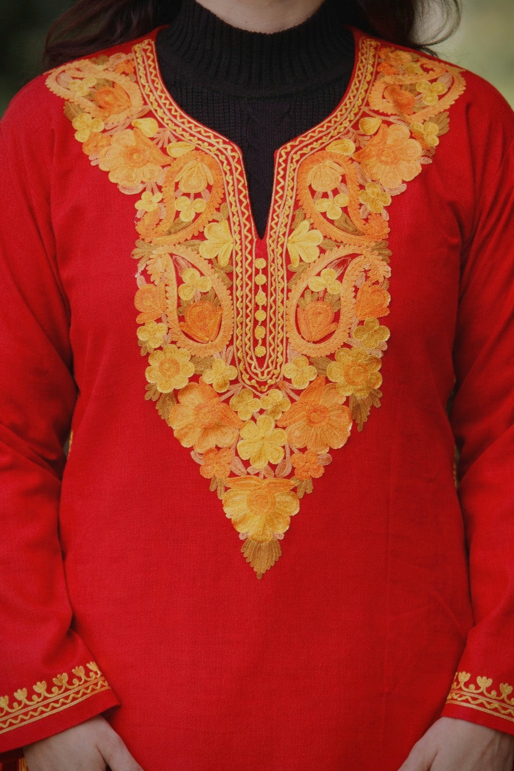 Ruby Winter Red Long Kurta with Golden Aari Embroidery