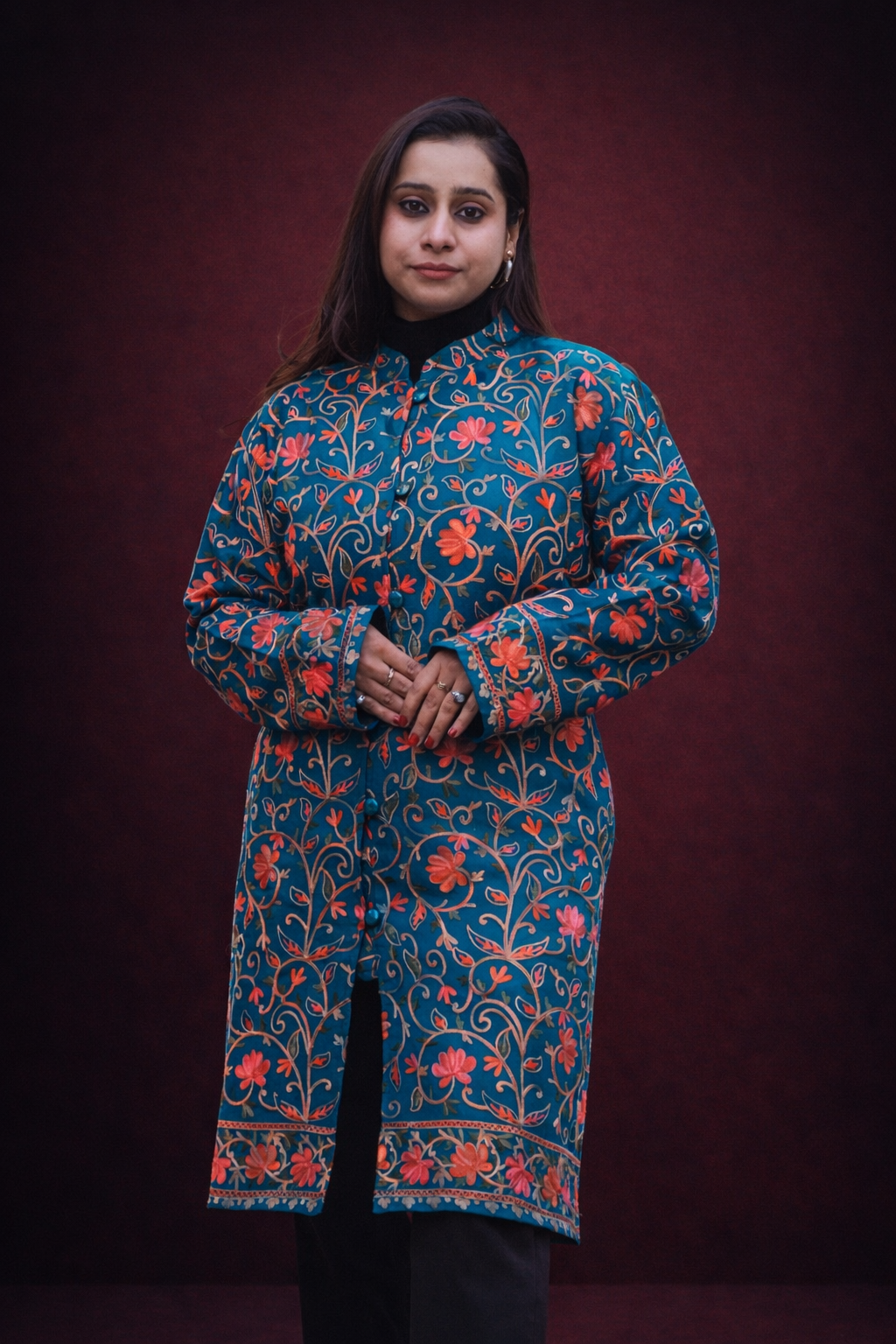 Teal Heritage Aari Long Jacket