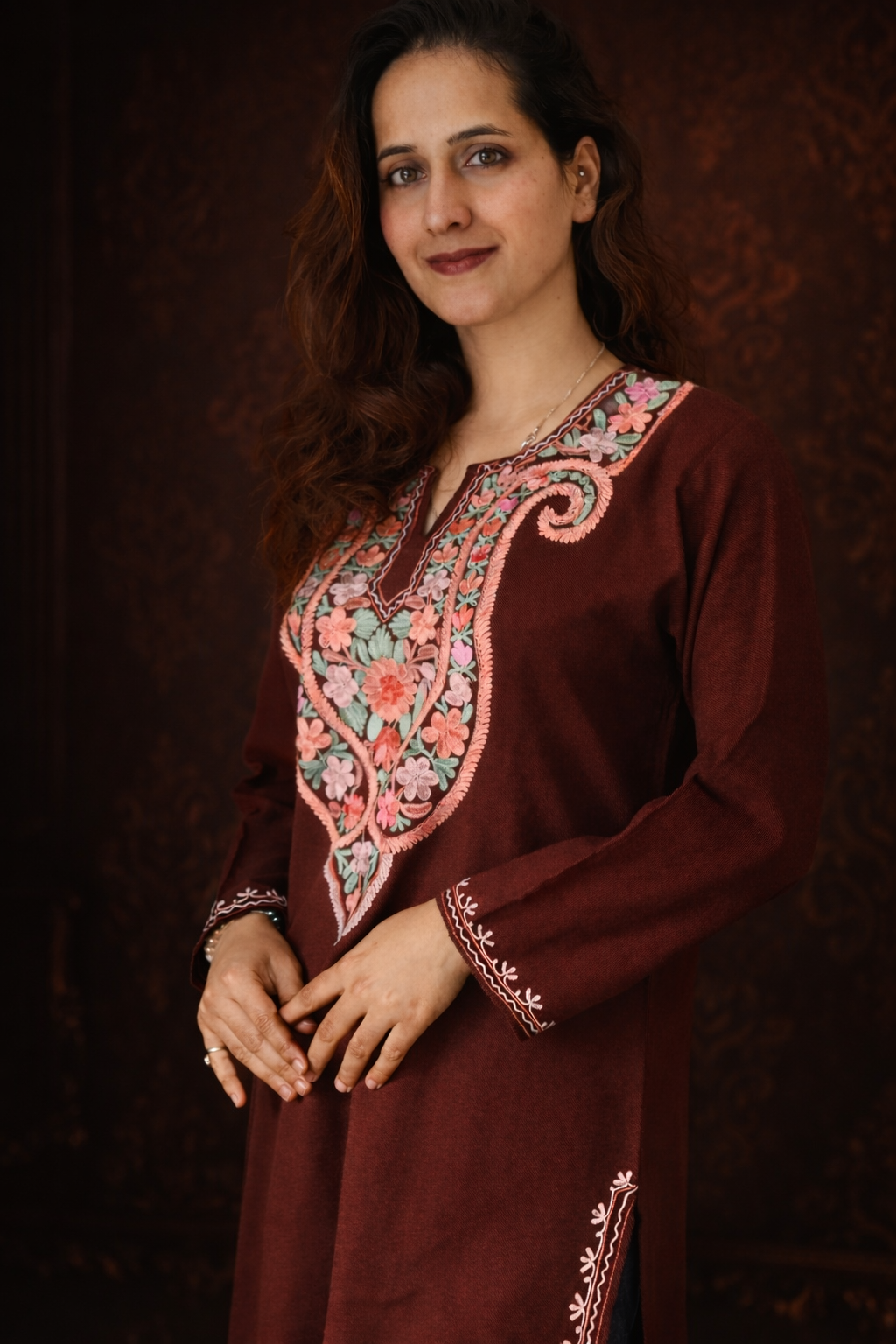 Brown Winter Long Kurti with Aari Embroidery