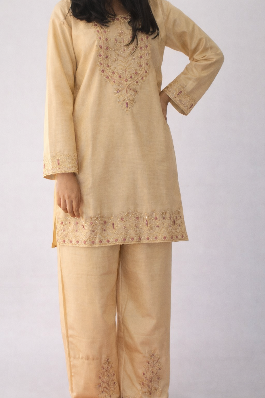 Beige Cashmilon Embroidered Winter Cord Set