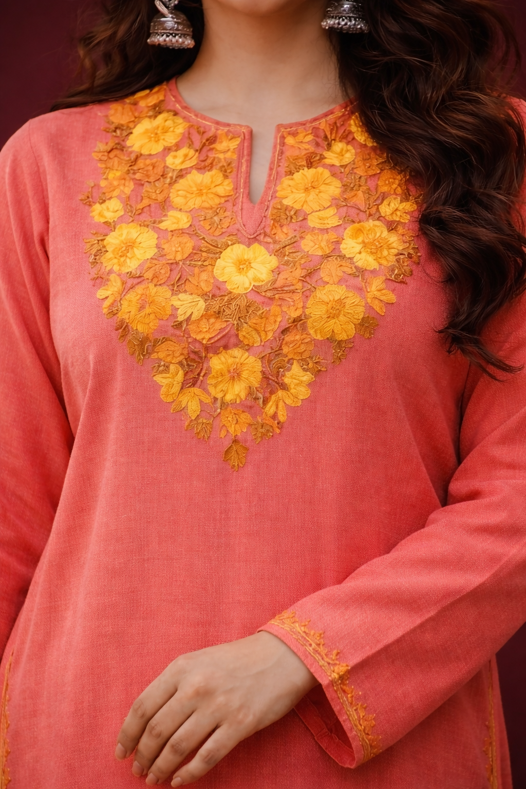 Gulnaar Pink Aari Winter Long Kurta