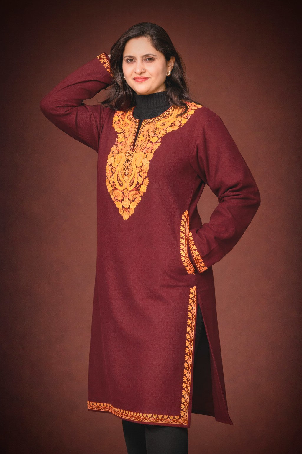 Wine Winter Long Kurti with Aari Embroidery
