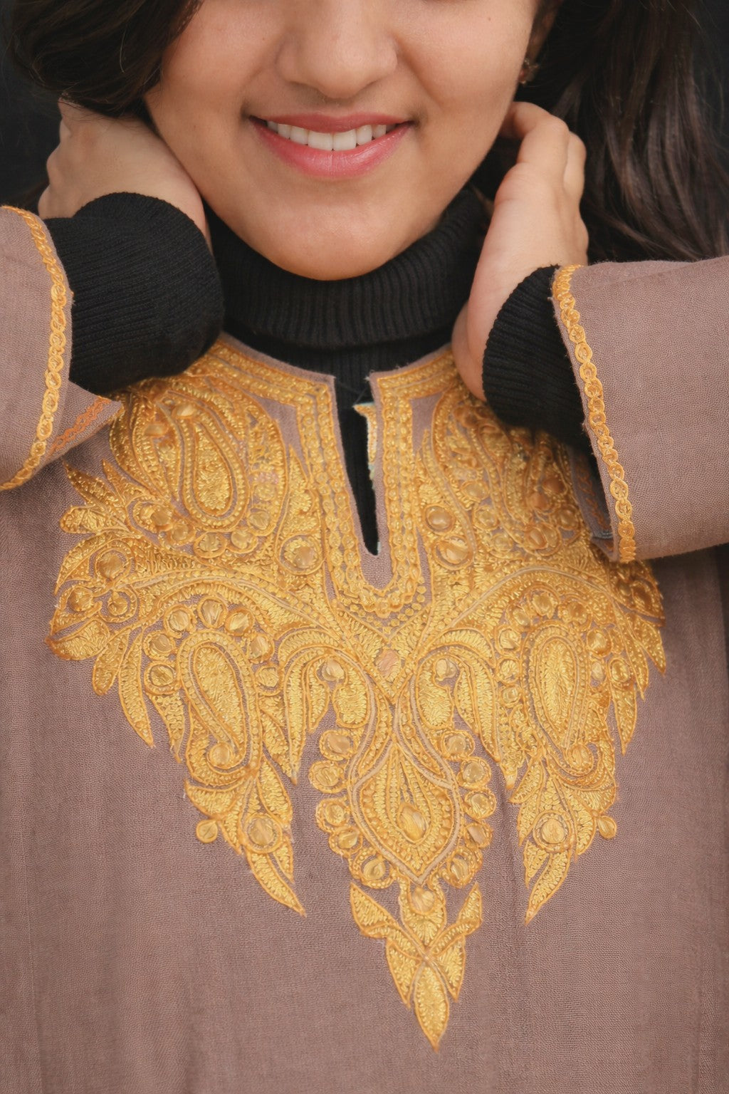 Walnut Brown Tilla Embroidered Phiran