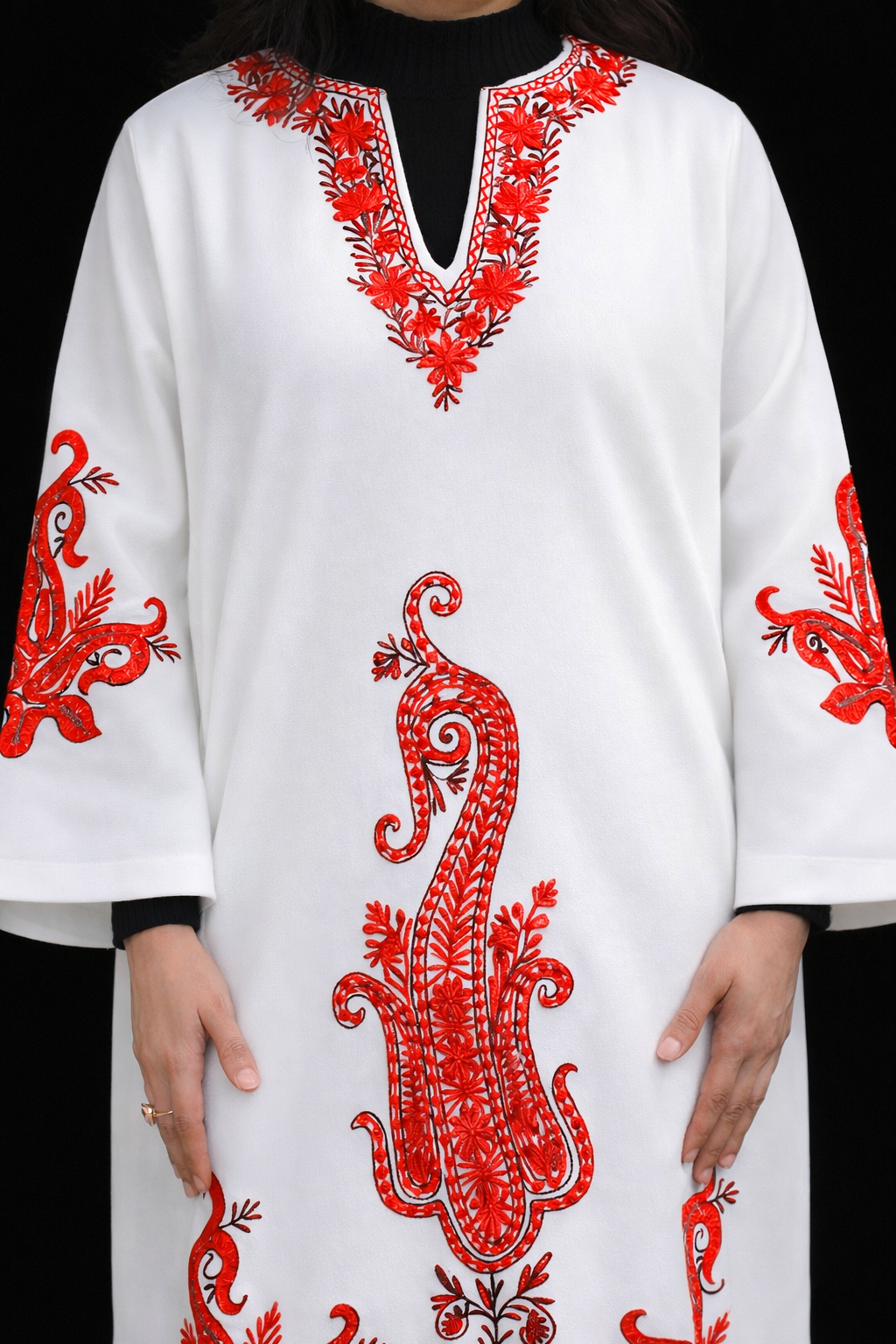 White Phiran with Red Aari Embroidery
