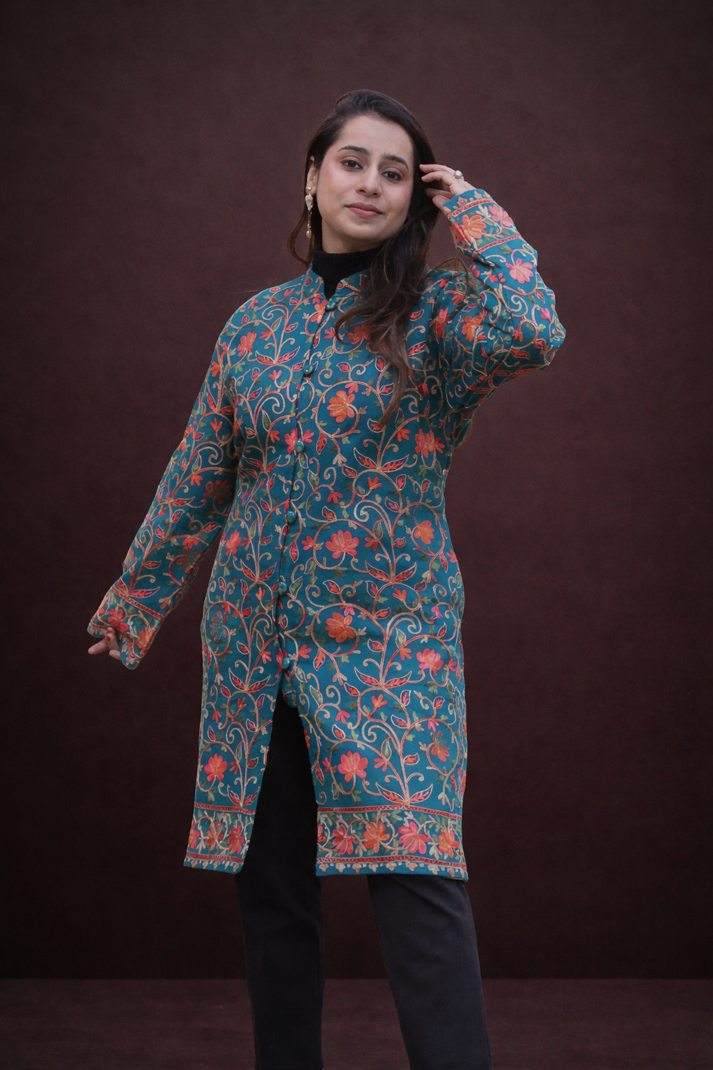 Teal Heritage Aari Long Jacket