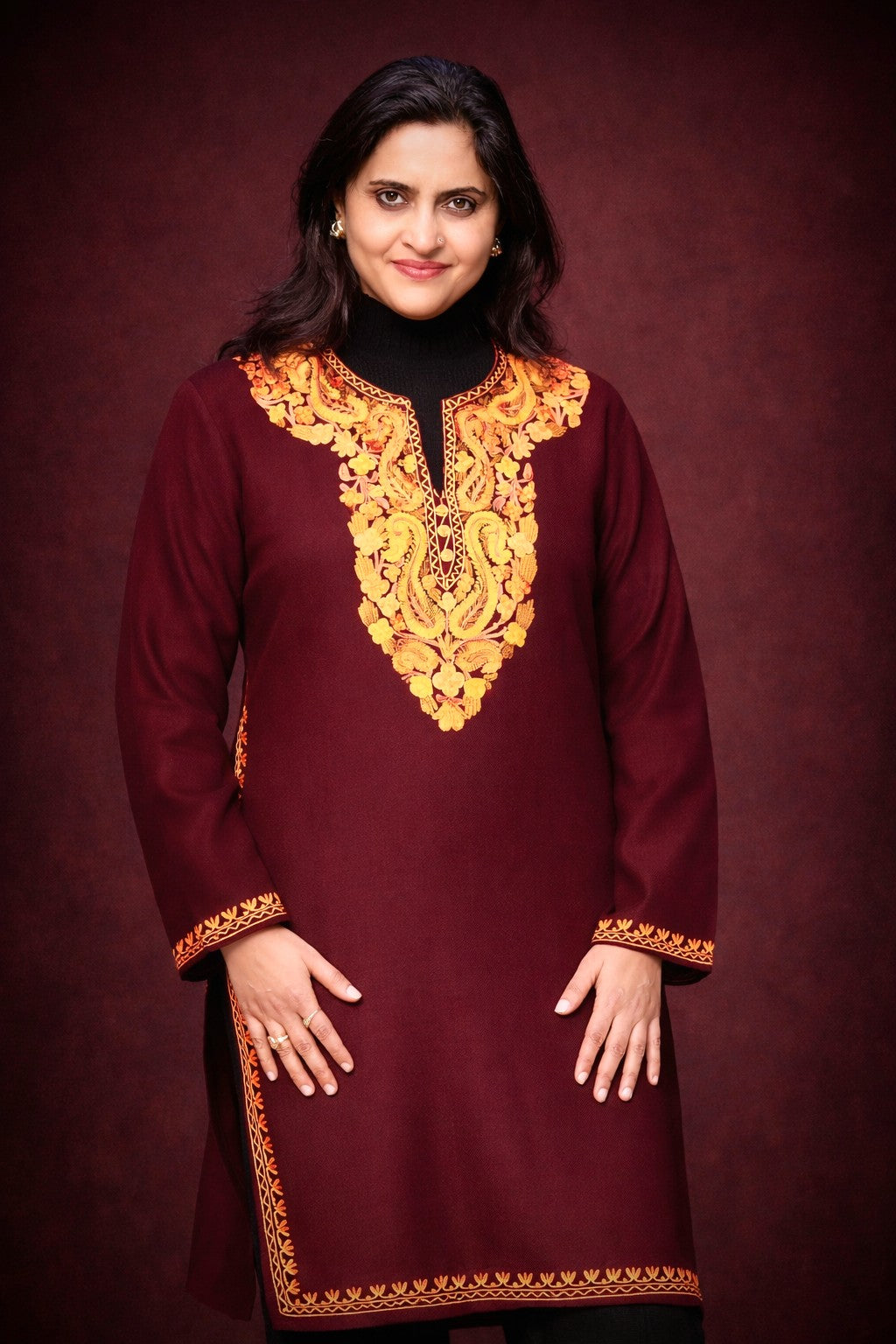 Wine Winter Long Kurti with Aari Embroidery