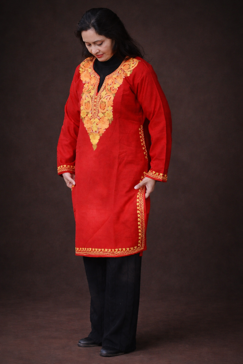 Ruby Winter Red Long Kurta with Golden Aari Embroidery