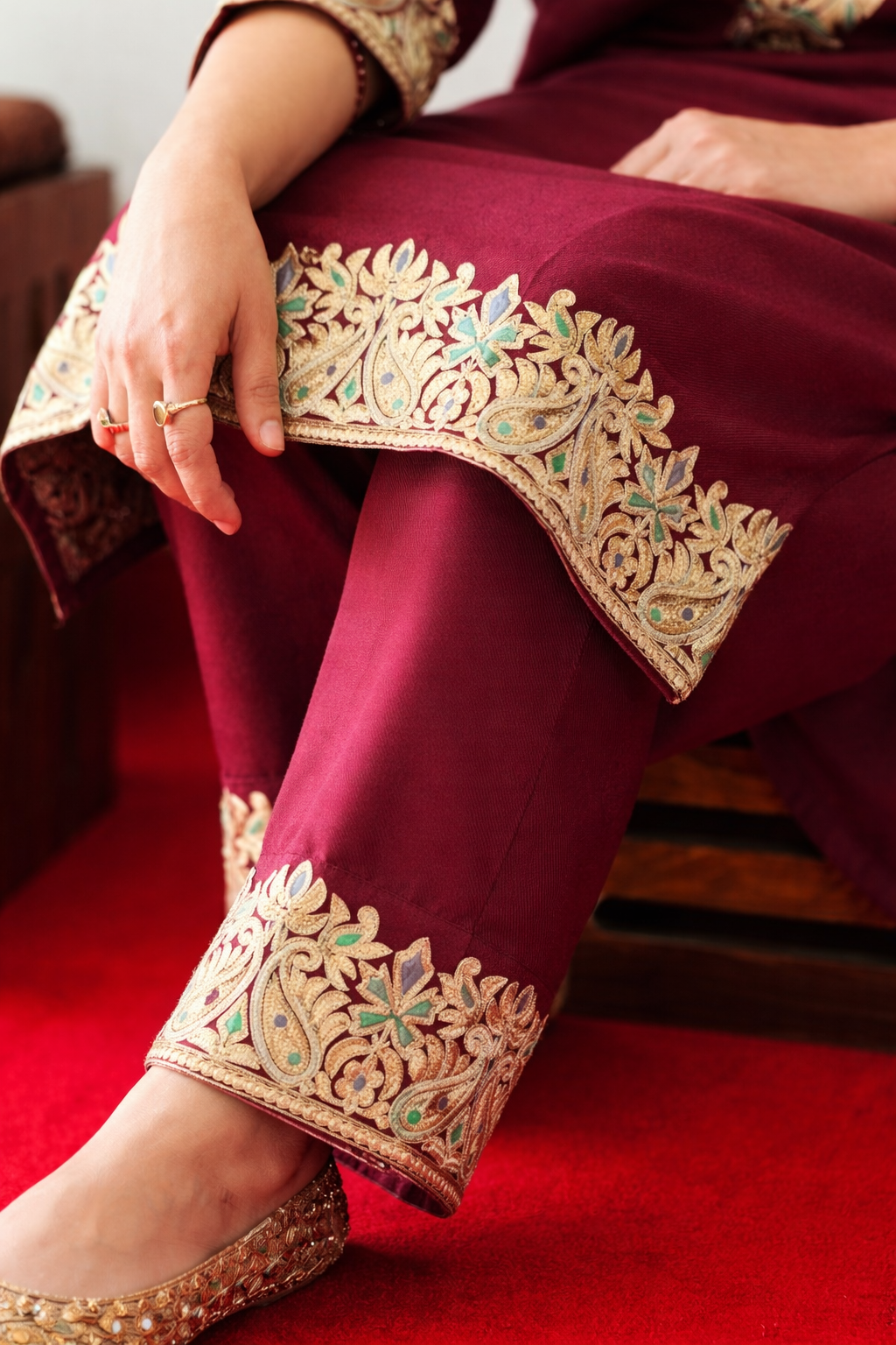 Wine Tilla Embroidered Cashmilon Cord Set